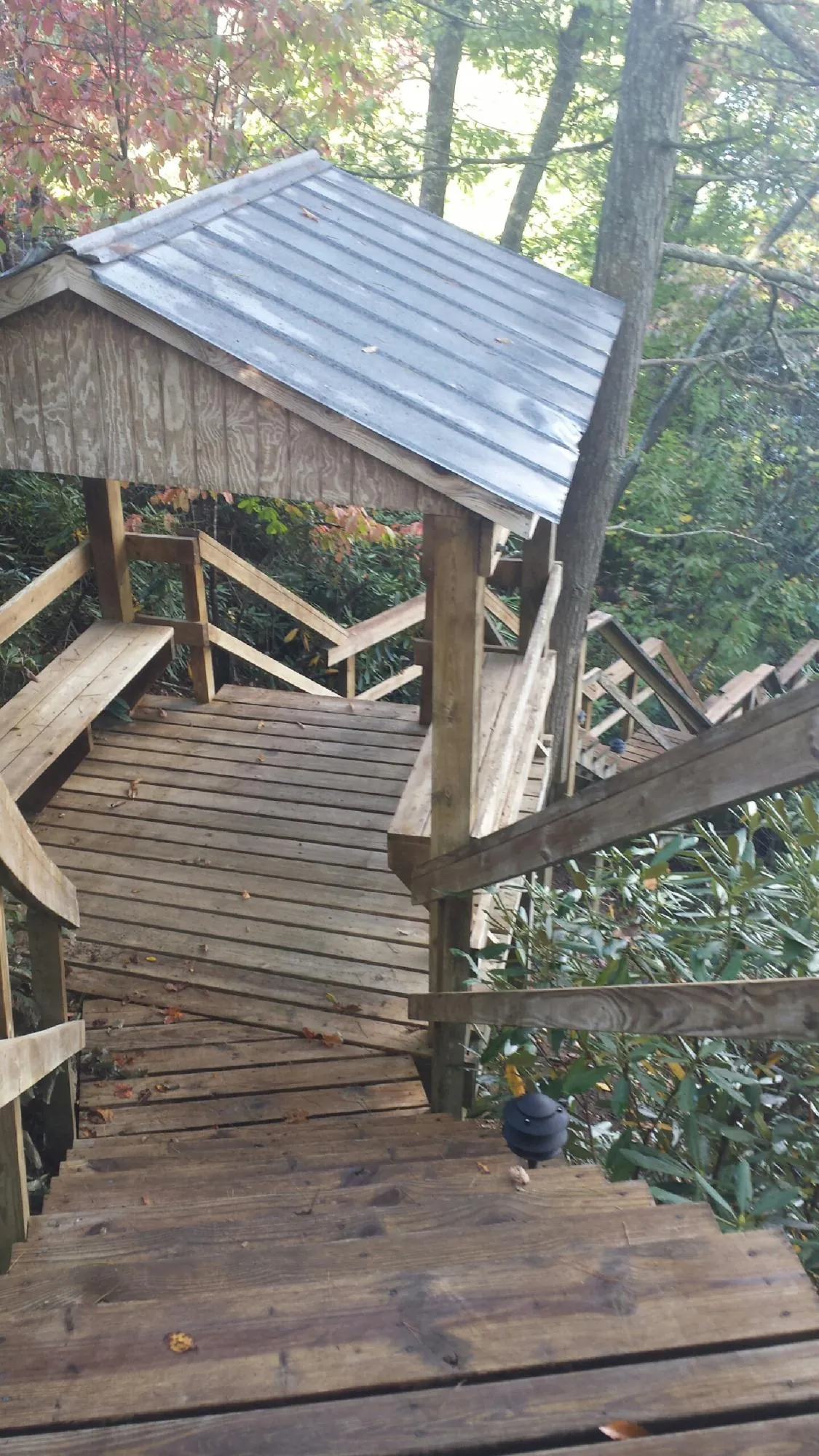 Metal roofed shelter over wooden steps on a wooded walkway — Skylight Repair & Installation work by our crew in Stevenson